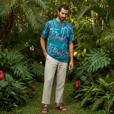 Middle Eastern male model tropical garden