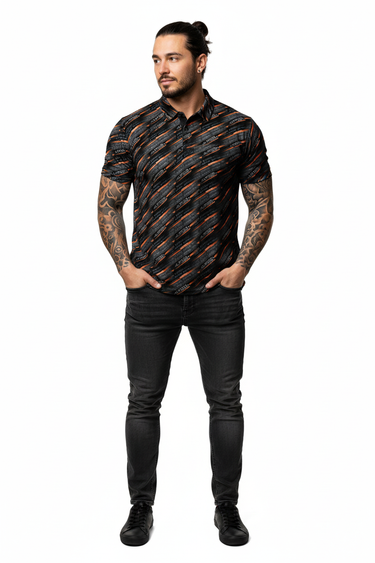 Model with man bun and tattoos