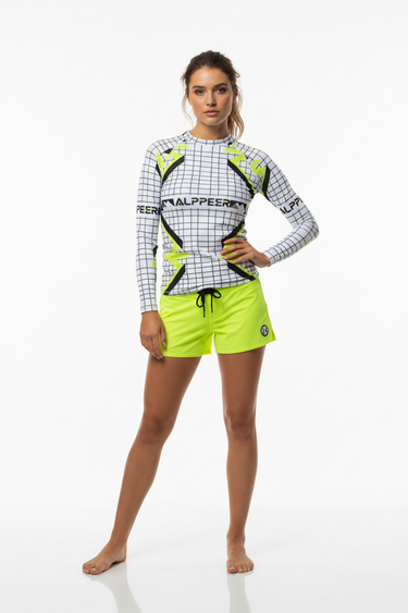 Styled with Neon Yellow Boardshorts