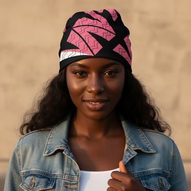 African female model with colorful beanie