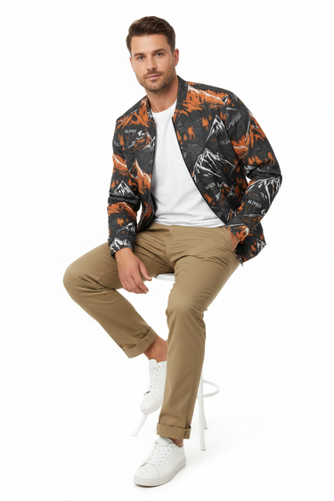 Male model in khaki chinos and white sneakers